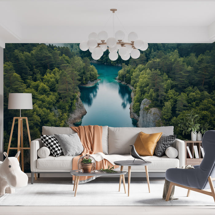 Un salon moderne avec un papier peint représentant un paysage naturel apaisant, où une rivière turquoise serpente entre des collines verdoyantes.