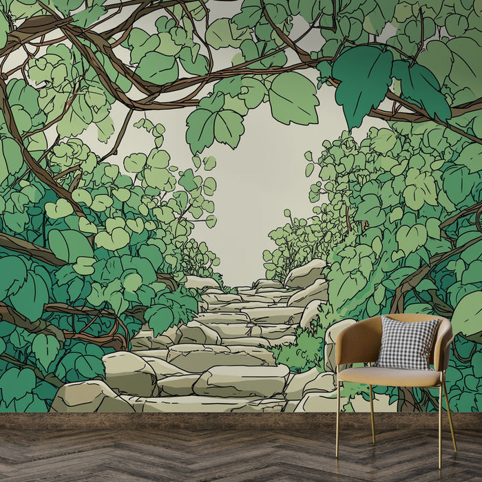 Une pièce moderne avec un papier peint illustrant un chemin de pierres entouré de feuillage luxuriant, évoquant une atmosphère naturelle et apaisante.