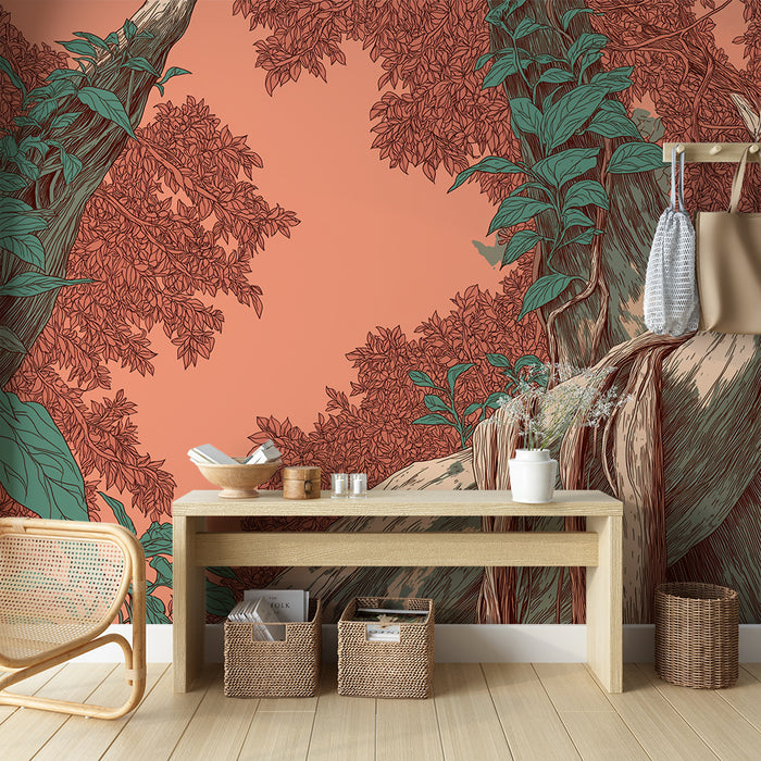 Papier peint nature tropicale | Un enchevêtrement de feuillage sur un fond rouille