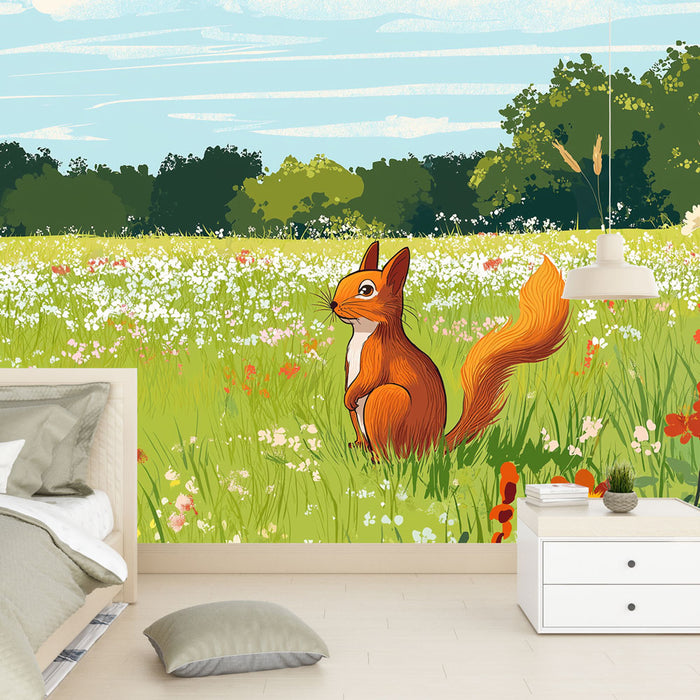 Papier peint nature | Un écureuil dans un champ fleuri