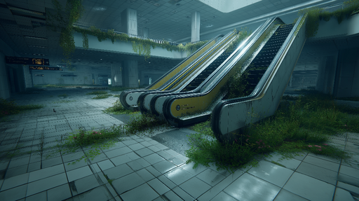 Papier peint nature urbaine Escaliers mécaniques envahis par la végétation