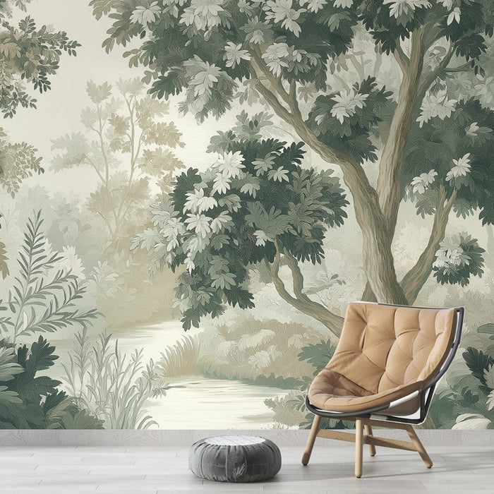 Une pièce moderne avec un papier peint représentant un paysage naturel aux teintes douces de vert et beige, créant une atmosphère apaisante et sereine.