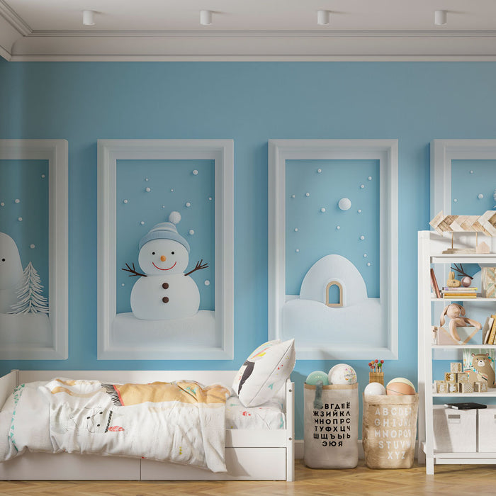 Une chambre enfantine avec un papier peint bleu clair illustrant des bonhommes de neige et un igloo, créant une ambiance joyeuse et hivernale.