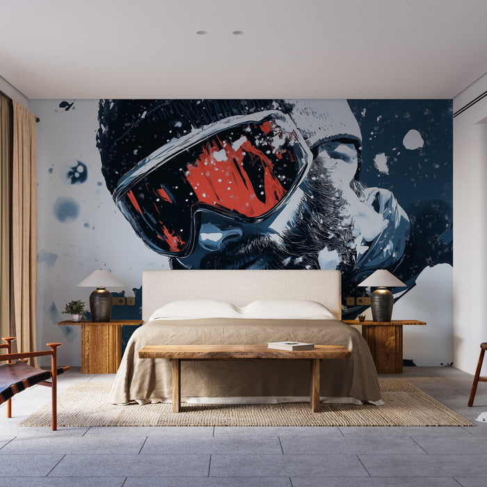 Une chambre moderne avec un papier peint graphique représentant un skieur stylisé aux lunettes rouges, créant une ambiance dynamique et sportive.