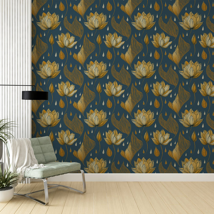 Une pièce moderne avec un papier peint floral bleu nuit et or, représentant des fleurs de lotus et des feuilles, créant une ambiance élégante et apaisante.
