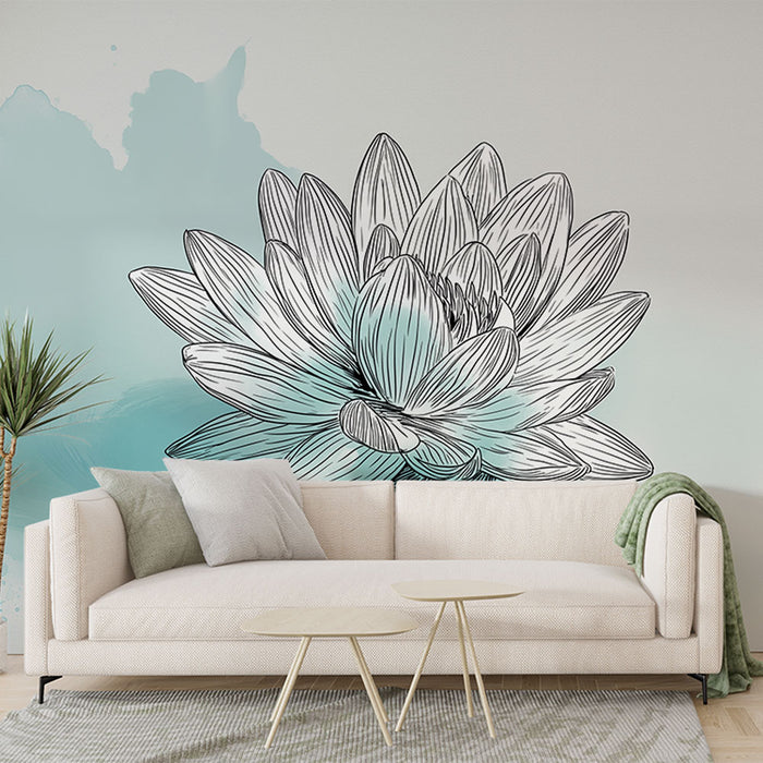 Un salon moderne avec un papier peint représentant une grande fleur aquatique en noir et turquoise, créant une atmosphère apaisante et élégante.