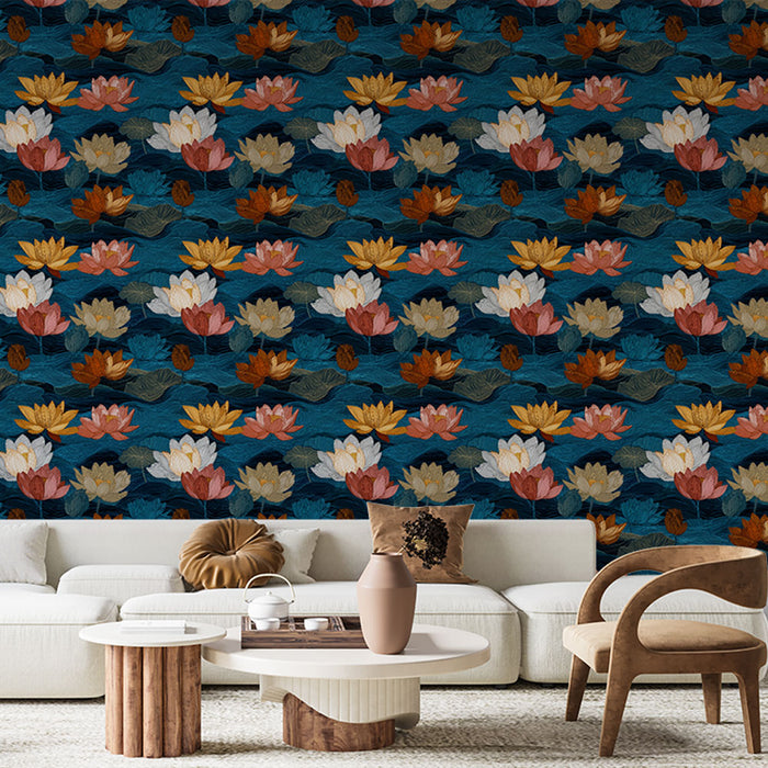 Un salon moderne avec un papier peint floral représentant des nénuphars colorés sur fond bleu, créant une ambiance apaisante et naturelle.