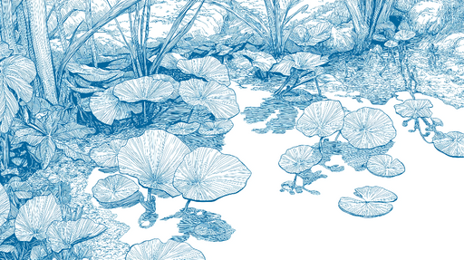 Papier peint nénuphars Motif délicat de nénuphars et feuillage aquatique en bleu