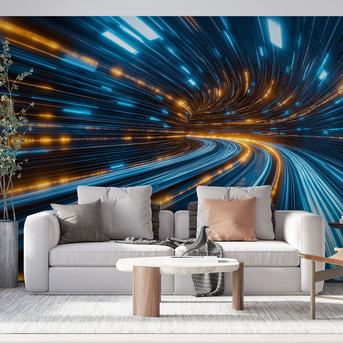 Un salon moderne avec un papier peint dynamique représentant des lignes lumineuses bleues et orange évoquant une ambiance futuriste et énergique.