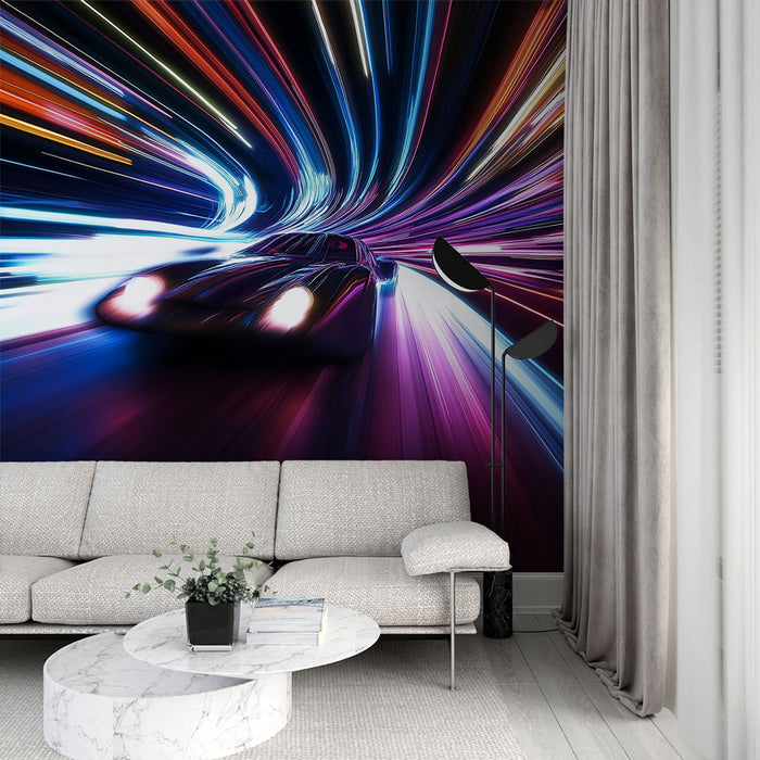 Un salon moderne avec un papier peint dynamique représentant une voiture en mouvement dans des traînées lumineuses multicolores, créant une atmosphère énergique et futuriste.