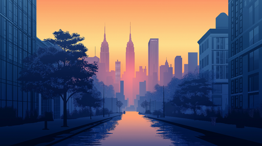 Papier peint New York au crépuscule Vue emblématique sur la skyline avec des reflets paisibles