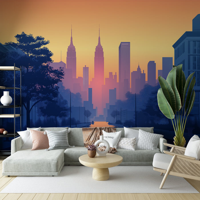 Un salon moderne avec un papier peint représentant une silhouette urbaine au coucher de soleil, mêlant des teintes violettes et orangées qui créent une atmosphère chaleureuse et inspirante.