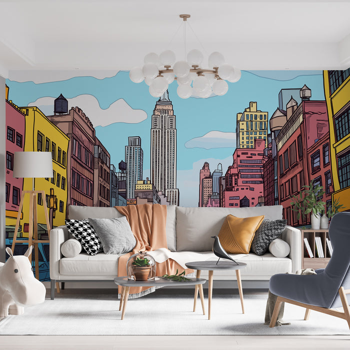 Un salon contemporain avec un papier peint illustrant une vue urbaine colorée, mettant en avant des bâtiments stylisés et le célèbre Empire State Building, créant une ambiance dynamique et moderne.