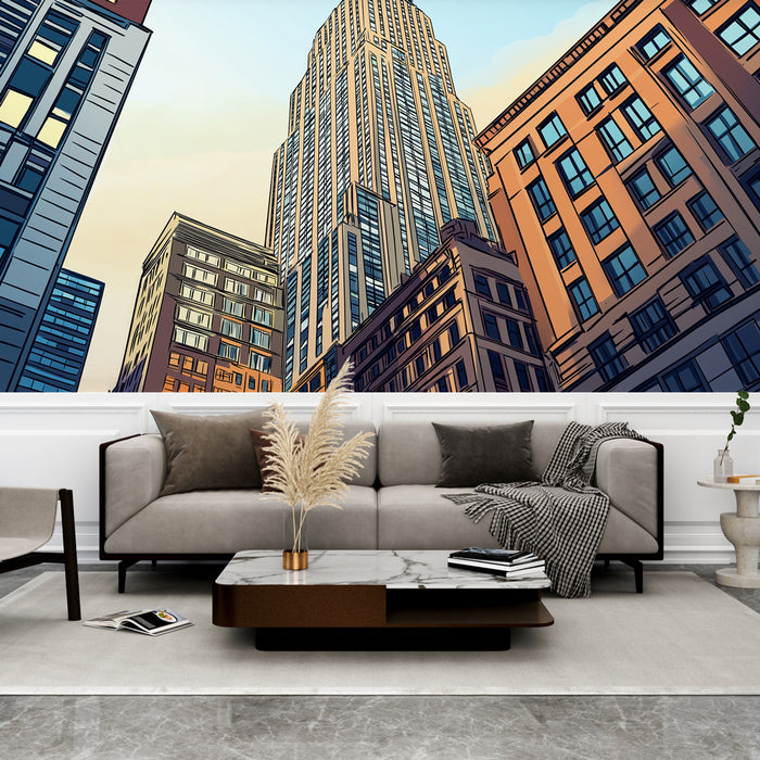 Un salon moderne avec un papier peint représentant des gratte-ciels stylisés aux lignes graphiques et aux teintes chaudes, créant une ambiance urbaine dynamique.