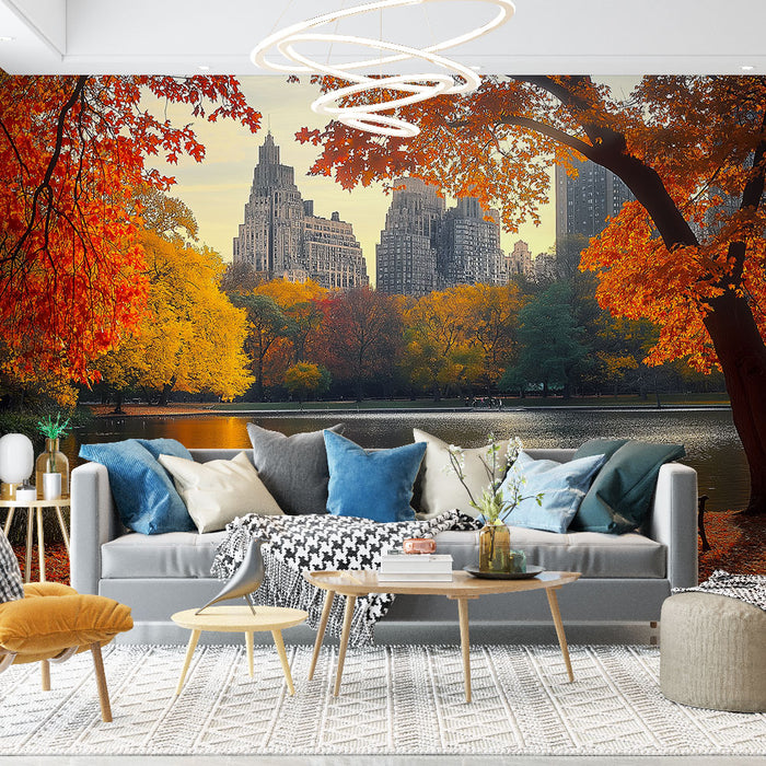 Papier peint New York | Parc avec feuillage orange et paysage urbain