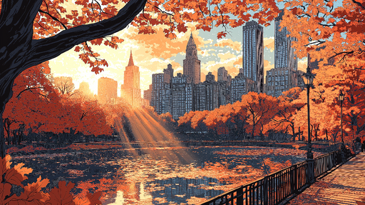 Papier peint new York Paysage urbain avec arbres aux feuilles dorées