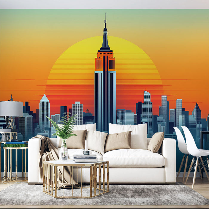 Un salon contemporain avec un papier peint graphique représentant l'Empire State Building au coucher de soleil, dégageant une ambiance urbaine et dynamique.