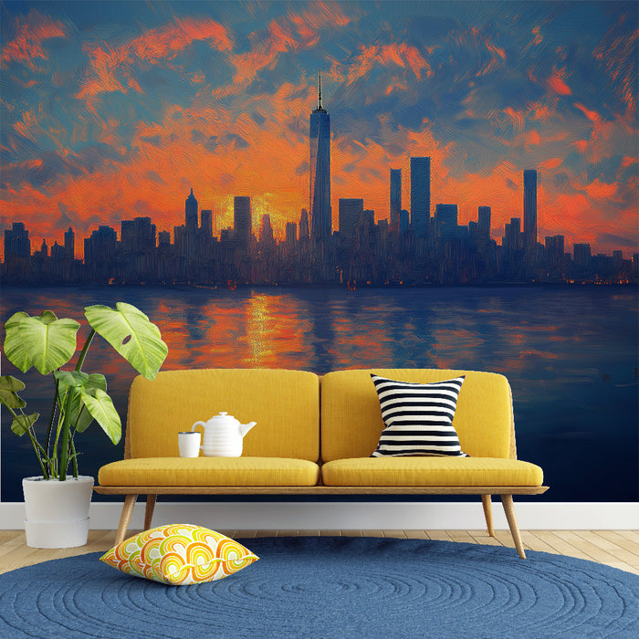 Papier peint New York | Silhouette de skyline au coucher de soleil