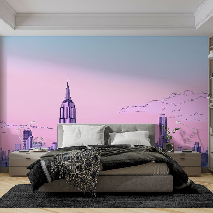 Une chambre moderne avec un papier peint représentant une skyline urbaine en teintes pastel, créant une ambiance rêveuse et contemporaine.