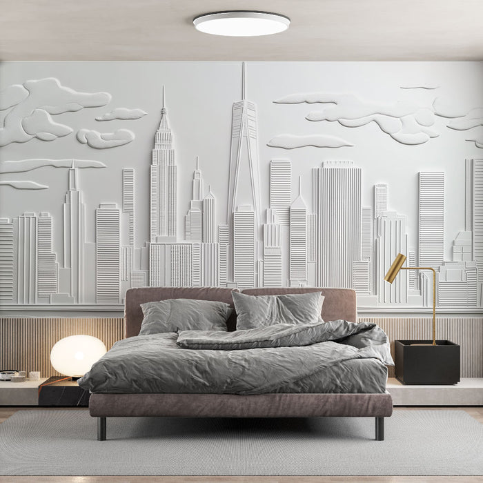 Papier peint New York | Silhouette urbaine blanche en relief