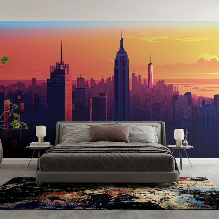 Papier peint New York | Silhouettes de gratte-ciels au coucher de soleil