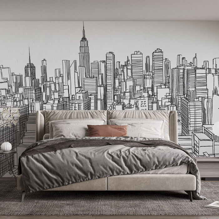 Papier peint moderne New York en noir et blanc avec vue graphique pour chambre adulte élégante