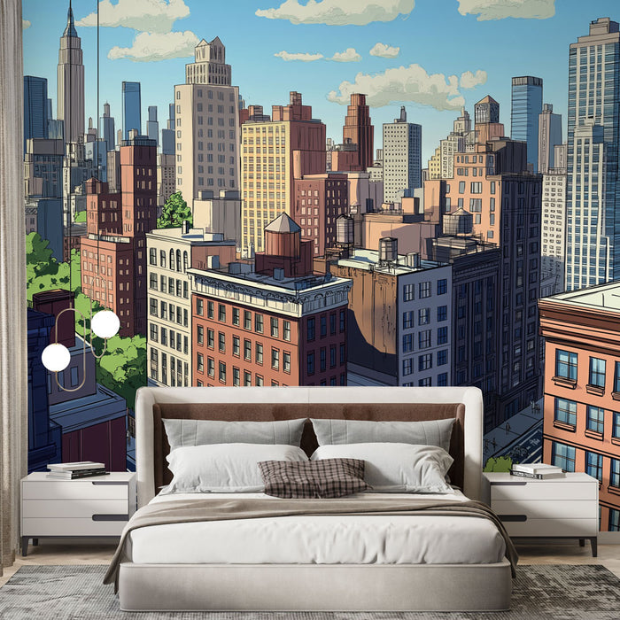 Papier peint panoramique urbain de New York pour chambre moderne avec vue sur gratte-ciel et architecture urbaine.