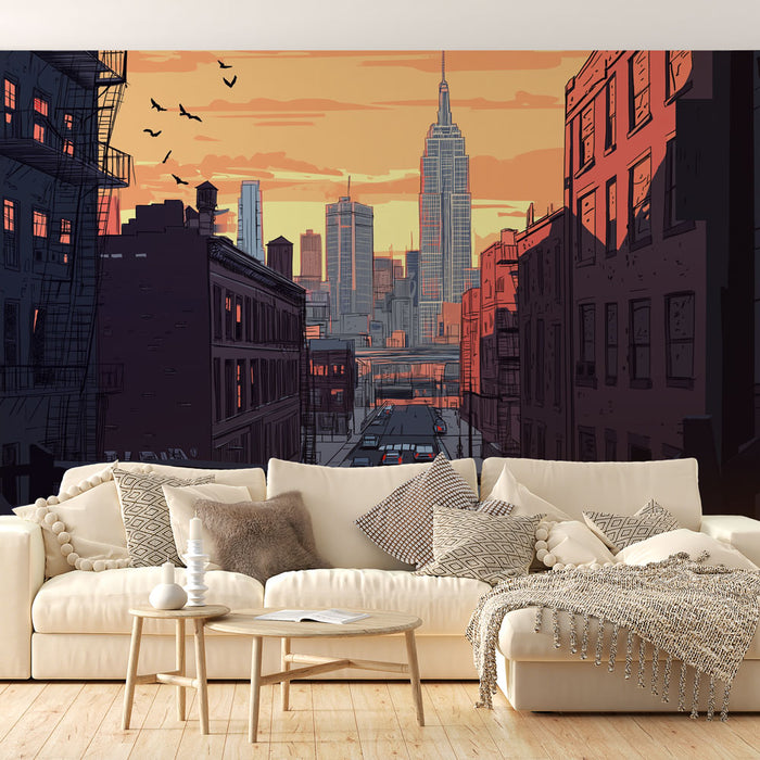 Un salon contemporain avec un papier peint représentant une vue urbaine stylisée au coucher de soleil, évoquant une atmosphère dynamique et moderne.