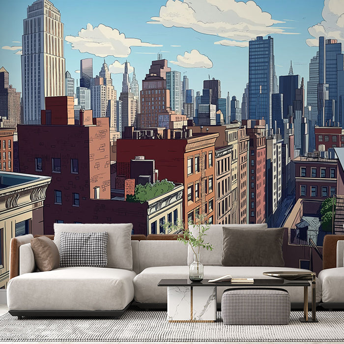 Un salon moderne avec un papier peint illustrant une vue urbaine animée, mêlant bâtiments colorés et skyline stylisée dans des tons chauds et dynamiques.