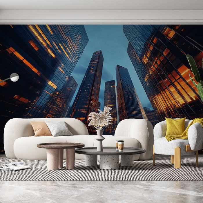 Papier peint urbain moderne avec vues de gratte-ciel et reflets dorés pour salon contemporain.