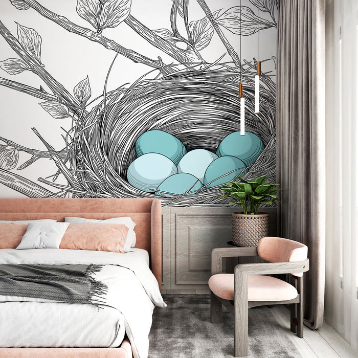 Une chambre douce avec un papier peint illustrant un nid stylisé entouré de branches, mettant en avant des œufs turquoise sur fond clair, créant une atmosphère apaisante et naturelle.