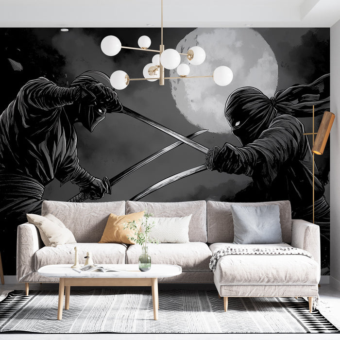 Un salon contemporain avec un papier peint graphique représentant des ninjas en combat sous une pleine lune, créant une ambiance dynamique et intrigante.