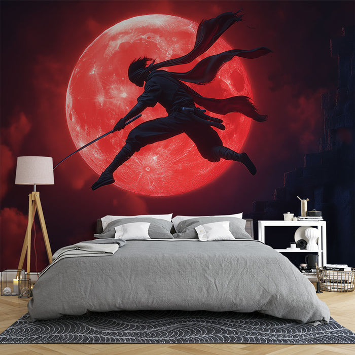 Une chambre moderne avec un papier peint représentant un personnage en mouvement devant une grande lune rouge, créant une ambiance dynamique et mystérieuse.