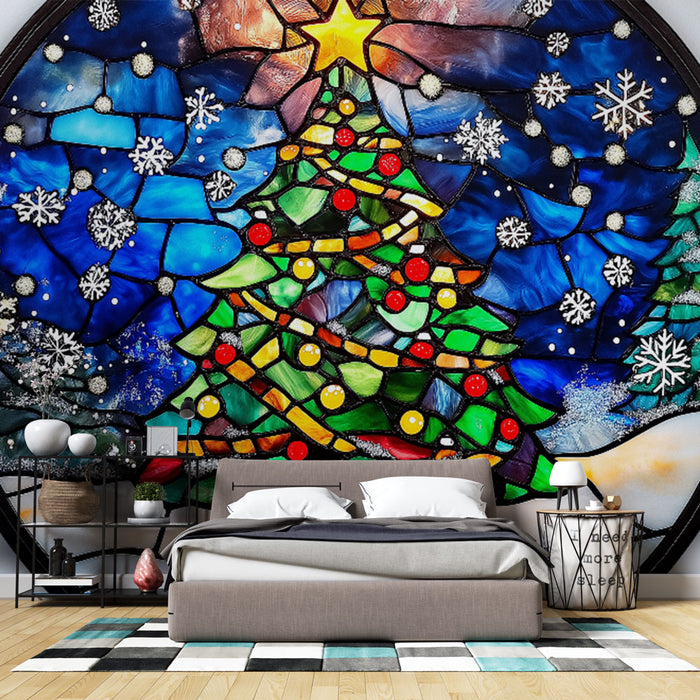 Papier peint Noël avec arbre de Noël en vitrail coloré sur fond hivernal pour décoration festive de salon