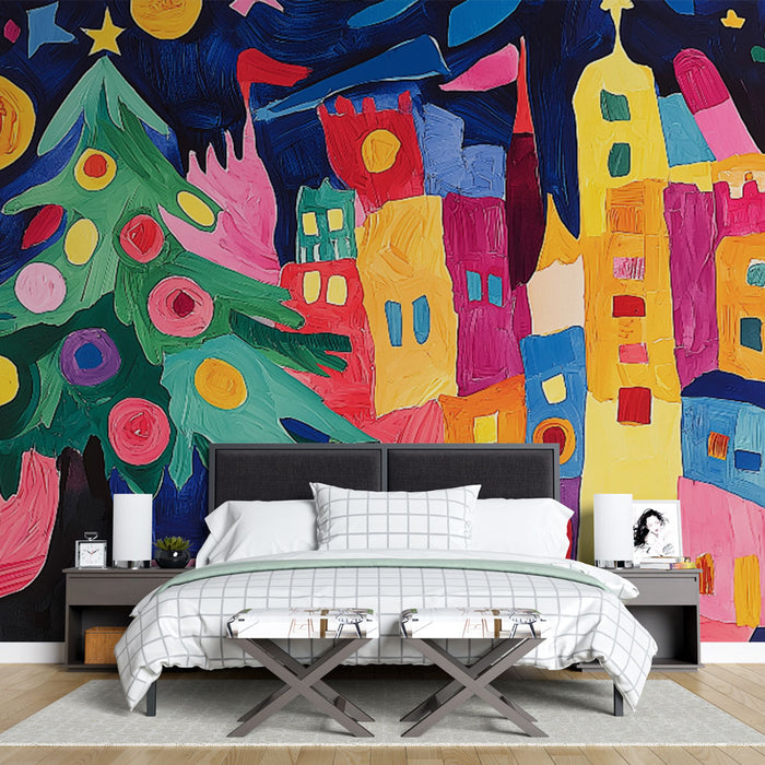 Papier peint Noël coloré avec scène festive, sapin et maisons vibrantes pour chambre moderne.
