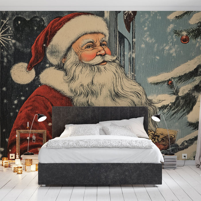 Papier peint vintage de Noël avec illustration du Père Noël pour décoration de chambre festive.