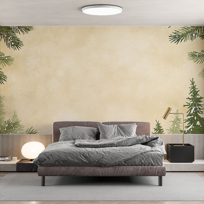 Papier peint Noël avec motif de sapins enneigés sur fond beige pour décoration de chambre moderne