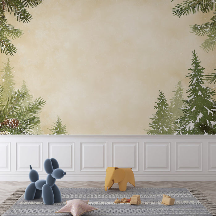 Papier peint Noël | Motif de sapins enneigés sur fond beige