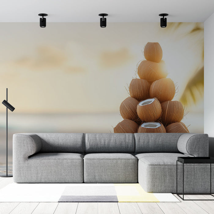 Papier peint noix de coco | Composition artistique de noix de coco sur la plage