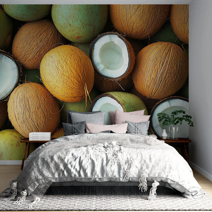 Une chambre moderne avec un papier peint représentant des noix de coco aux teintes variées, créant une ambiance tropicale et chaleureuse.