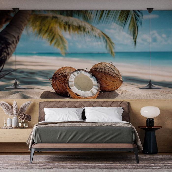 Papier peint noix de coco | Noix de coco sur une plage paradisiaque