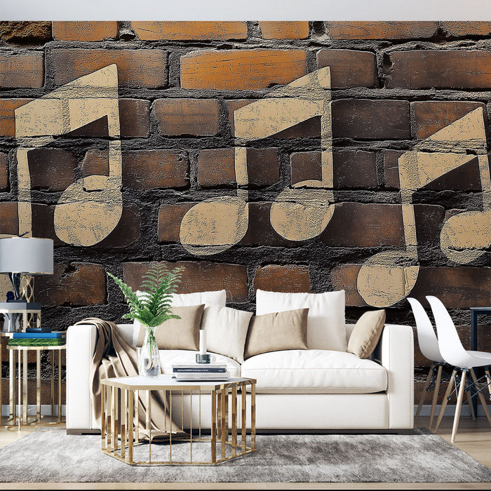 Papier peint notes de musique | Motif artistique de notes sur mur de briques