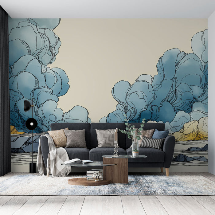 Un salon moderne avec un papier peint représentant des nuages stylisés en dégradés de bleu sur fond beige, créant une atmosphère apaisante et artistique.