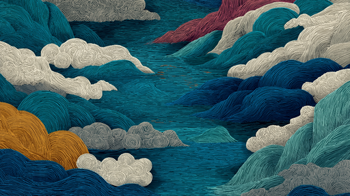 Papier peint nuages artistiques Motifs de vagues stylisées en bleu et beige