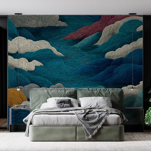 Une chambre moderne avec un papier peint abstrait représentant des nuages stylisés dans des teintes de bleu, beige et rouge, créant une atmosphère apaisante et artistique.