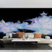 Un salon contemporain avec un papier peint représentant des nuages colorés aux teintes pastel et des pagodes sur fond noir, créant une atmosphère mystique et apaisante.