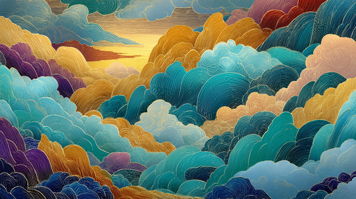 Papier peint nuages colorés Motif ondulé de nuages dans des teintes