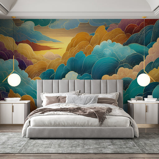 Une chambre moderne avec un papier peint aux motifs de nuages colorés dans des teintes turquoise, orange et violet, créant une ambiance artistique et apaisante.