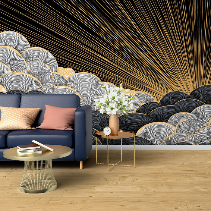 Un salon contemporain avec un papier peint abstrait noir et doré représentant des nuages stylisés, créant une atmosphère élégante et dynamique.