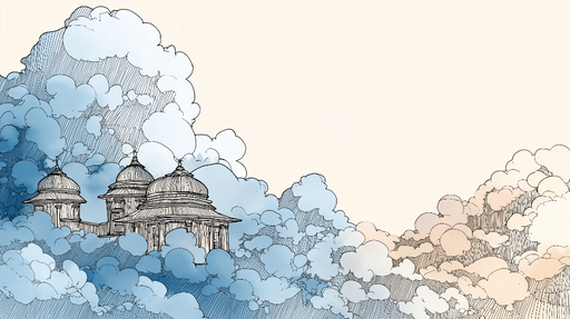 Papier peint nuages et architecture Bâtiments détaillés émergeant de nuages pastel